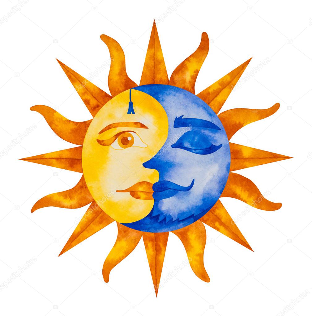 Bright watercolor illustration of Sun with an open eye and Moon with closed.