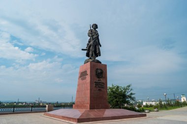 Irkutsk, Russia - July 25, 2018: Monument to the Founders of Irkutsk. Sculpture of Yakov Pokhabov on the embankment of the Angara River. clipart