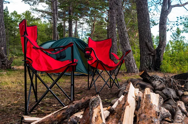 View Tourist Camp Red Folding Chairs Camping Tent Firewood Bonfire — Stock Photo, Image