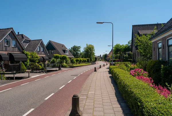 オランダの静かなオランダの町に位置する居心地の良いコテージ 緑の通りに家がある夏の風景 — ストック写真
