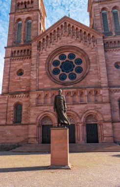Strasbourg, France- July 5, 2019: The statue of Blessed Charles de Foucauld  in front of the Catholic Church Saint-Pierre-le-Jeune.