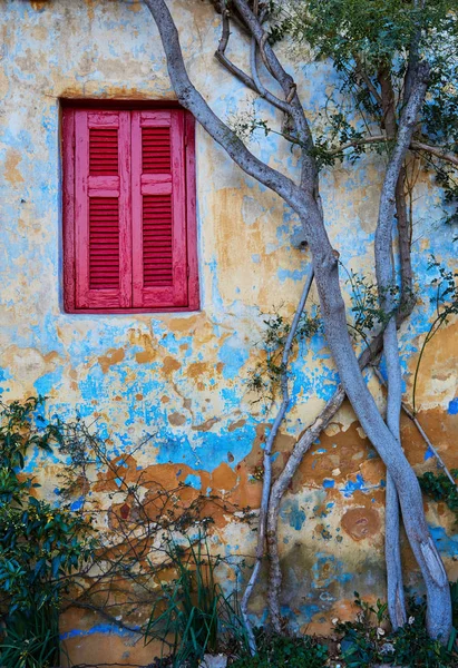 Ventana Roja Pared Vieja Casa Con Árboles Plantas Verdes — Foto de Stock