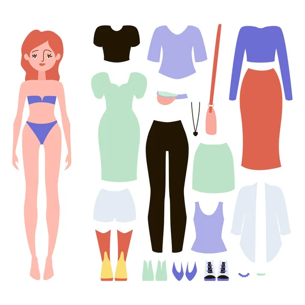 Kağıt Bebek Oyun Kıyafetleri Koleksiyonu Vücut Şablonu Kıyafet Aksesuarlar — Stok Vektör