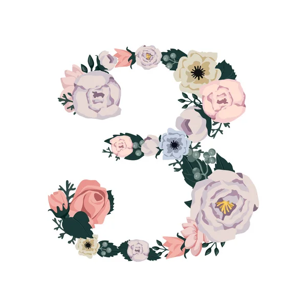 Numerais Feitos Flores Peônias Vector Colorido Flower Font Ilustração Vetorial —  Vetores de Stock