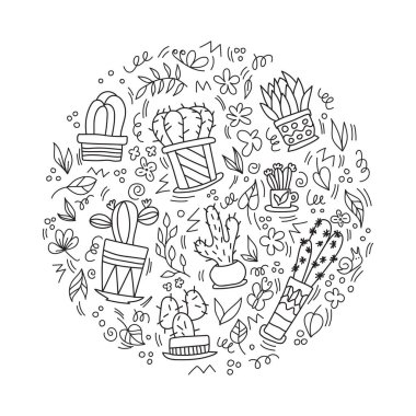 Kaktüs karalaması beyaz arka planda izole edilmiş. Saksı ve fincanda ev bitkileri. El çizimi çizimi çizimler. Boyama kitabına kullanılabilir.