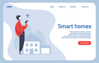 Akıllı ev düz vektör çizimi konsepti. Kontrol sistemli uygulama, arka planda eko ev ve yaşam tarzı konsepti. İniş sayfası şablonu.