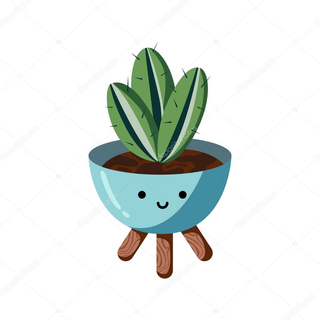 Cute cartoon houseplant in planters. Characters. Vector illustration isolated on white background.