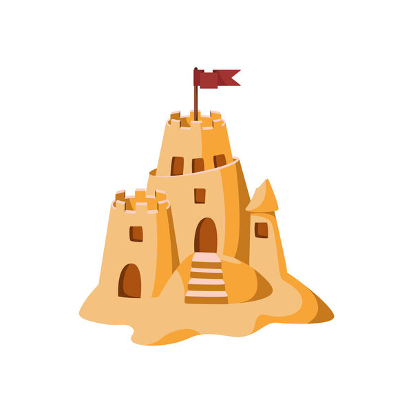 Sand castle with towers and flag. Vector Illustration in cartoon style isolated on white background.