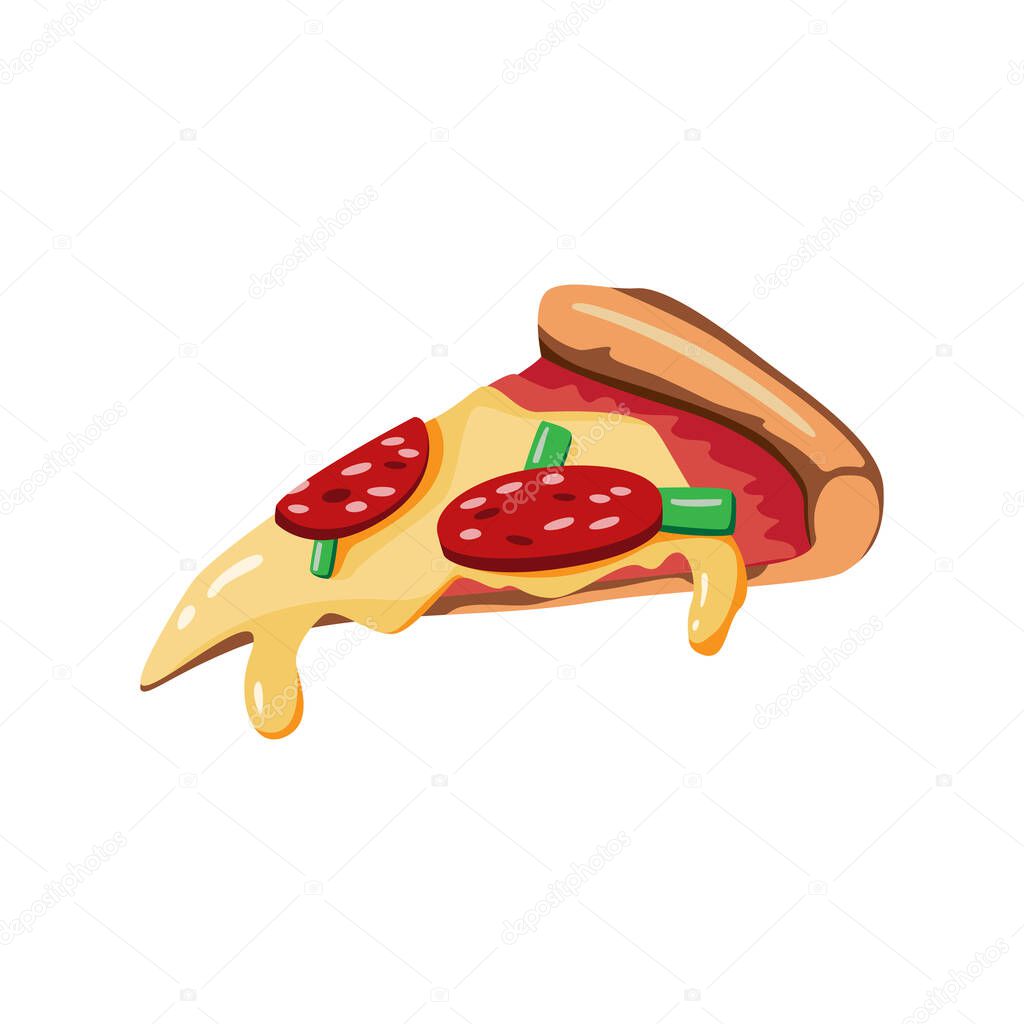 Delicious slice of pepperoni pizza with melted cheese, hand drawn. Vector illustration