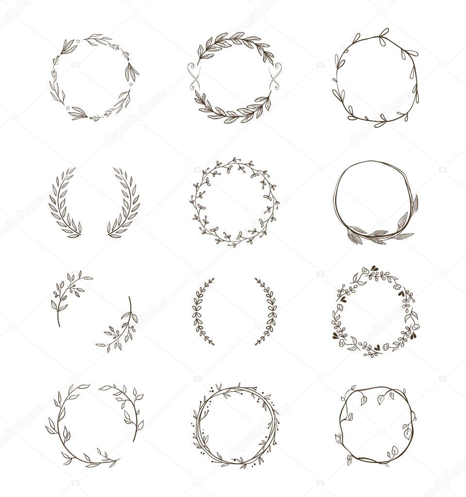 Set round floral wreaths. Vector Illustration in hand drawn style isolated on white background.