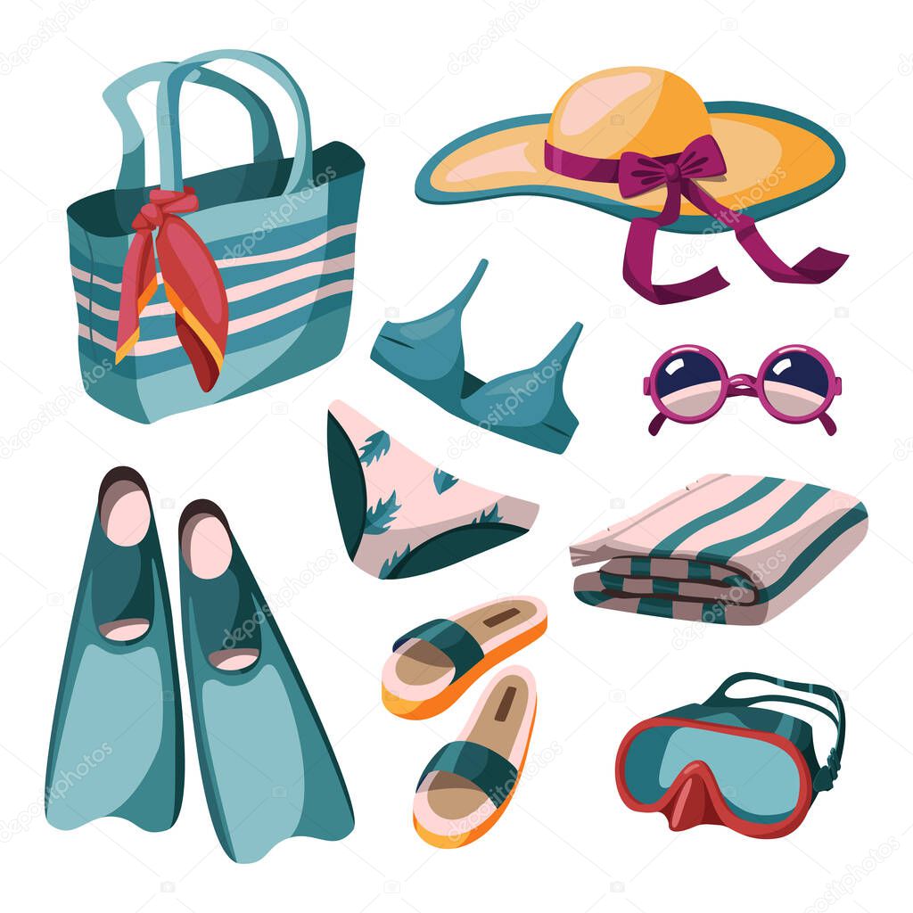 Summer stuff set. Isolated items. Design elements on the theme of diving, tourism and recreation at sea. Vector Illustration in cartoon style isolated on white background.