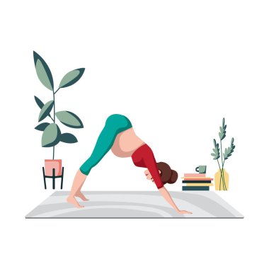 Modern evdeki rahat sakin odada yoga yaparken spor giyim sektöründe hamile bir kadın. Hamilelik için yoga. Meditasyon. Rahatlama. Çizgi film tarzında vektör ilüstrasyonu beyaz arkaplanda izole edildi.