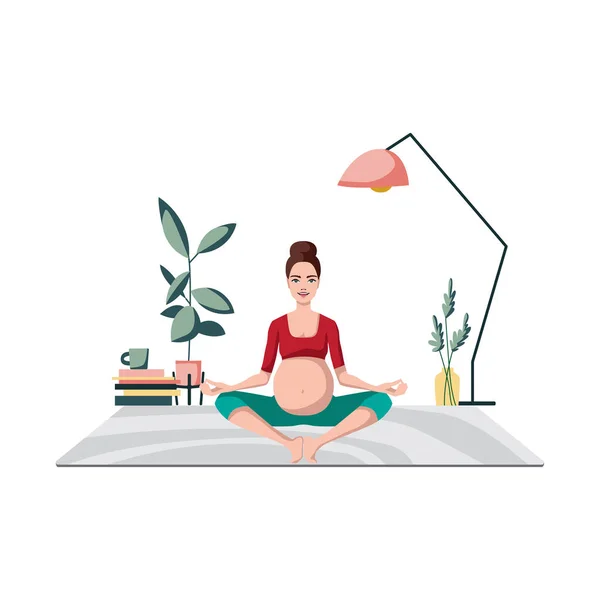 Pregnant Female Sportswear While Doing Yoga Cozy Calm Room Modern — Stock Vector