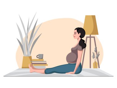 Spor giyim sektöründe hamile bir kadın modern evdeki rahat odasında yoga yapıyor. Hamilelik için yoga. Meditasyon. Rahatlama. Çizgi film tarzında vektör ilüstrasyonu beyaz arkaplanda izole edildi.