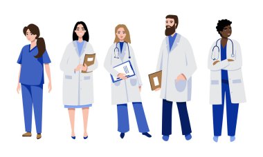 Doktorlar ve cerrah karakterleri. Tıbbi ekip konsepti. Vektör illüstrasyonu