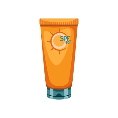 Güneş kremi ve tüp sembolü. Cilt için güneş ultraviyole ışığından koruma. Çizgi film tarzında vektör ilüstrasyonu beyaz arkaplanda izole edildi.
