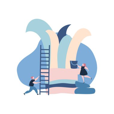 Küçük insanlar saksıda bitkileri suluyorlar. Küçük insanlar büyük saksı bitkileri yetiştiriyor. Bahar bahçıvanlığı, web afişi için bitki bakımı konseptleri, web sitesi sayfası. Renkli çizgi film vektör çizimi