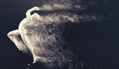 Saçılma parçacıklar siyah arka plan üzerinde soyut beyaz plastik insan vücudu manken. Koşma ve atlama poz eylem