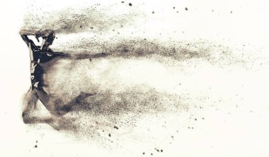 Saçılma parçacıklar beyaz arka plan üzerinde soyut siyah plastik insan vücudu manken. Eylem atlama poz