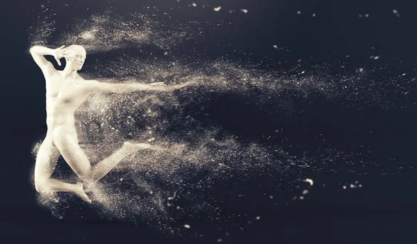 Αφηρημένη λευκό πλαστικό ανθρώπινο σώμα μανεκέν με σκέδαση σωματίδια πάνω από το μαύρο φόντο. Άλμα πόζα μπαλέτο δράσης — Φωτογραφία Αρχείου