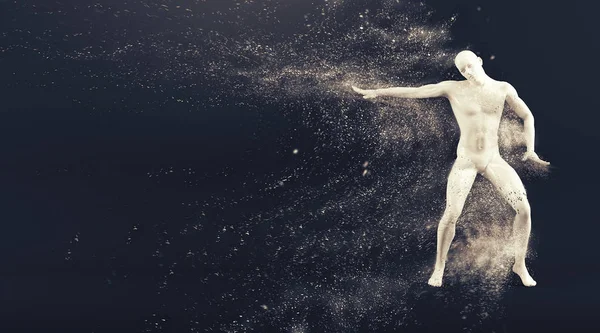 Αφηρημένη λευκό πλαστικό ανθρώπινο σώμα μανεκέν με σκέδαση σωματίδια πάνω από το μαύρο φόντο. Δράση χορός διάλειμμα ηλεκτρικό πόζα — Φωτογραφία Αρχείου