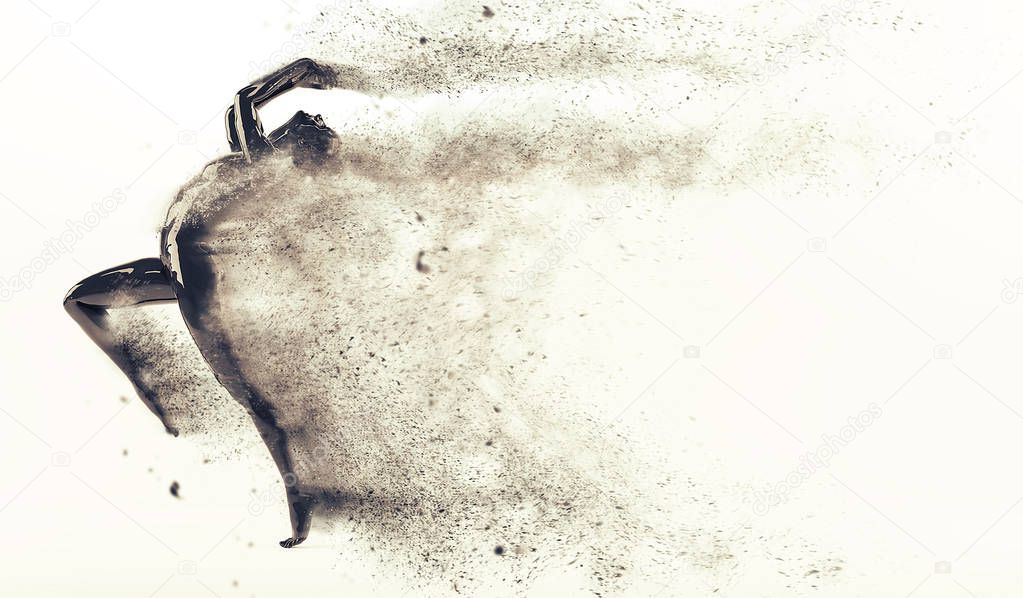 Abstract black plastic human body mannequin with scattering particles over white background. Action running and jumping pose