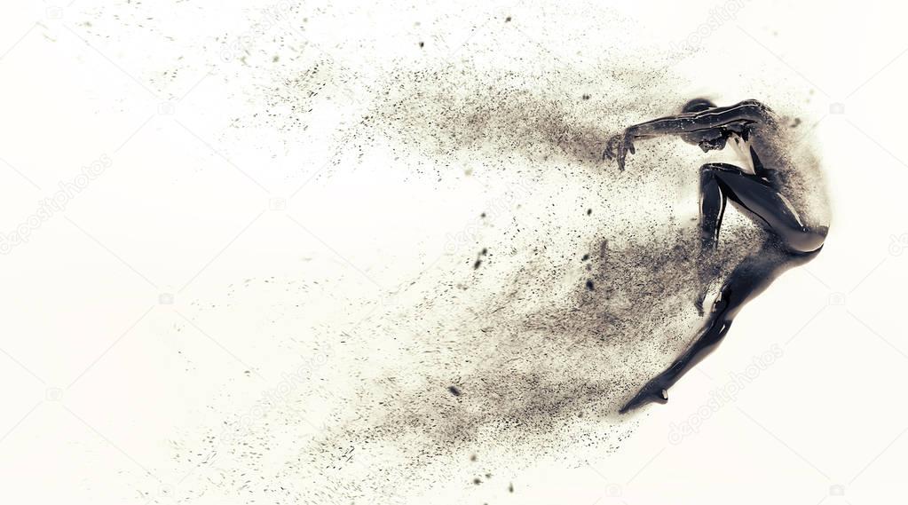 Abstract black plastic human body mannequin with scattering particles over white background. Action dance jump ballet pose