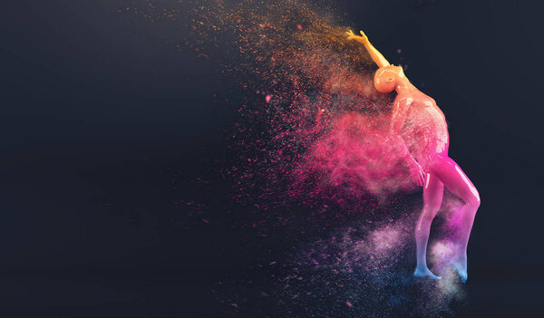 Abstract colorful plastic human body mannequin figure with scattering particles over black background. Action dance pose