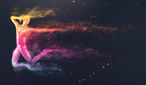 Maniquí de cuerpo humano de plástico colorido abstracto con partículas dispersantes sobre fondo negro. Acción salto ballet pose — Foto de Stock