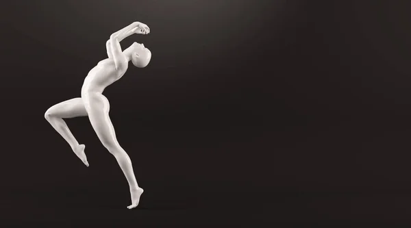 Абстрактный белый пластиковый человеческий манекен на черном фоне. Поза бега и прыжка — стоковое фото