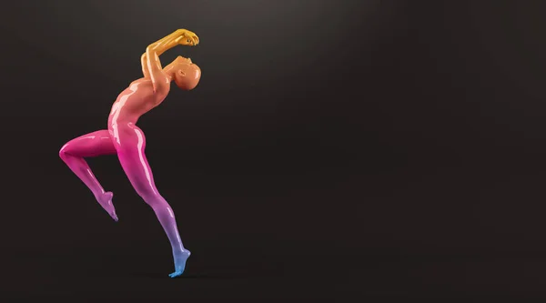 Abstract colorful plastic human body mannequin over black background. Action running and jumping pose
