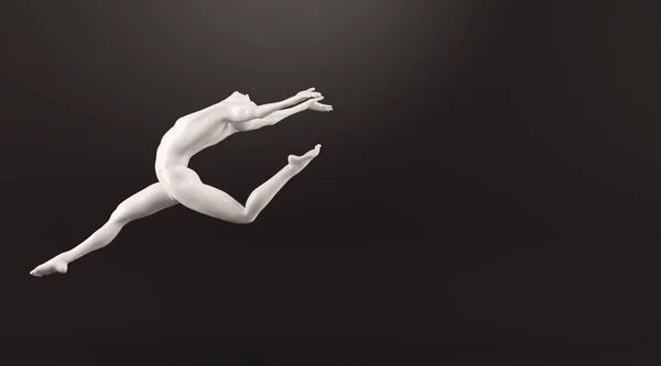 Abstrakcja Biały z tworzywa sztucznego ludzkiego ciała manekin na czarnym tle. Akcja, bieganie i skakanie baletowe pozy — Zdjęcie stockowe