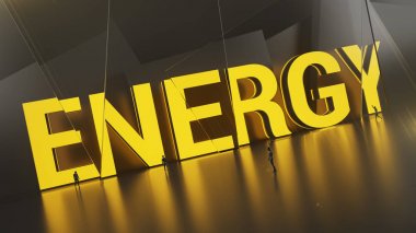 Enerji kelime. Büyük sarı enerji neon kelime duran küçük insanlar rakamlar. 3D render illüstrasyon