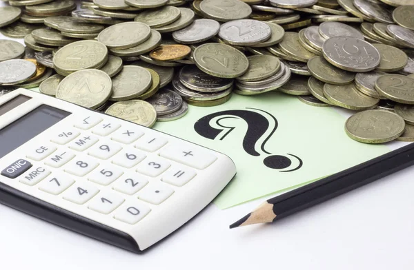 Money (coins), calculator and some stationery on white background, top view - financial background concept — Stock Photo, Image