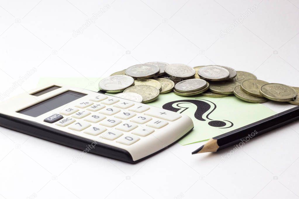 Money (coins), calculator and some stationery on white background, top view - financial background concept