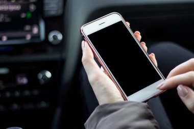 Ön yolcu koltuk arabada otururken güzel bir kadın. Kız bir akıllı telefon kullanıyor. El portre