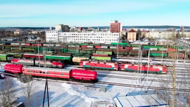 Railway Station Lot Freight Trains Flying Station — Stock Video