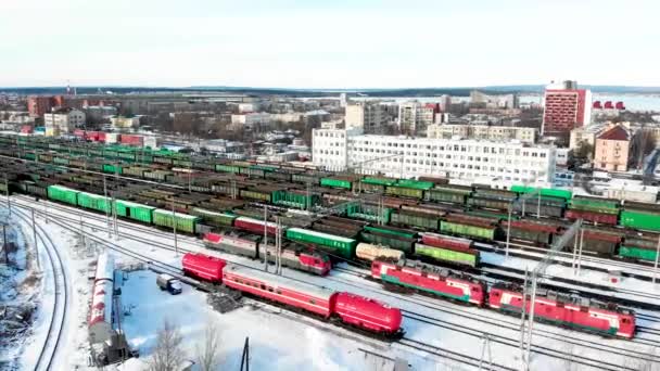 Railway Station Air Large Number Freight Trains Flying Station — Stock Video
