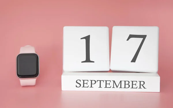 Modern Horloge Met Kubus Kalender Datum September Roze Achtergrond Concept — Stockfoto