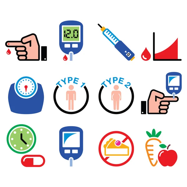 Diabetes disease, health, medical icons set — Stock Vector