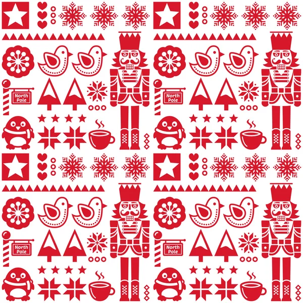 胡桃夹子-民间艺术风格圣诞无缝红模式 — 图库矢量图片