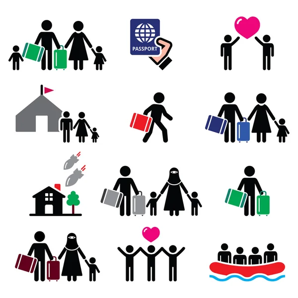 Vluchtelingen, immigranten, gezinnen die weglopen van hun landen icons set — Stockvector