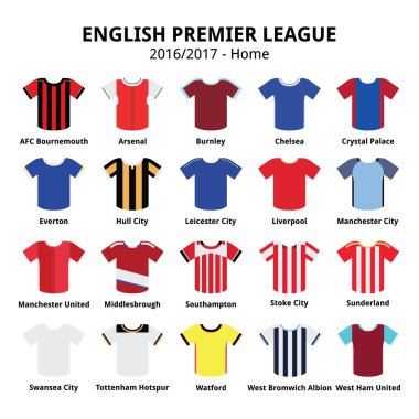   İngiliz Premier League 2016-2017 futbol ya da futbol formaları Icons set 