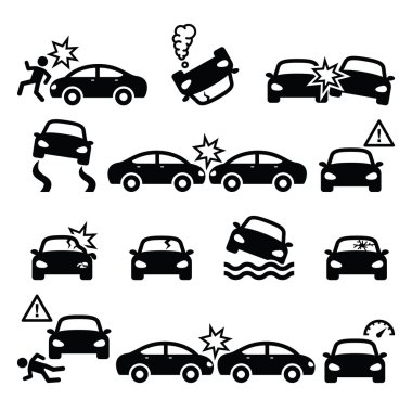 Trafik kazası, kaza, yaralanma vector Icons set 