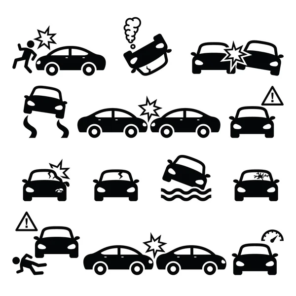 Accident de la route, accident de voiture, blessures corporelles vecteur icônes ensemble — Image vectorielle