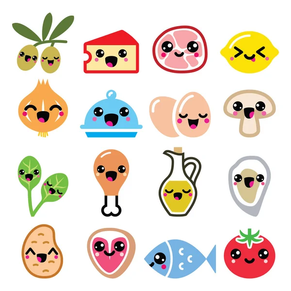 Kawaii cute food characters - meat, vegetables, diary icons set — Stock Vector