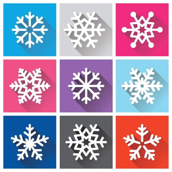 Flocos de neve design plano com sombras longas - Inverno, fundo de Natal —  Vetores de Stock
