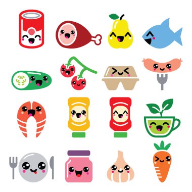 Kawaii şirin gıda karakterler - et, sebze, meyve Icons set