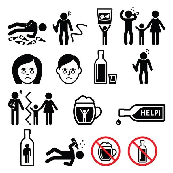 Alkoholizm, pijany mężczyzna, ikony uzależnienia od alkoholu — Wektor stockowy