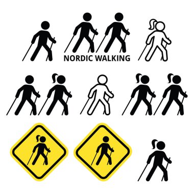 Nordic Walking, insanlar açık havada sopa Icons set ile 